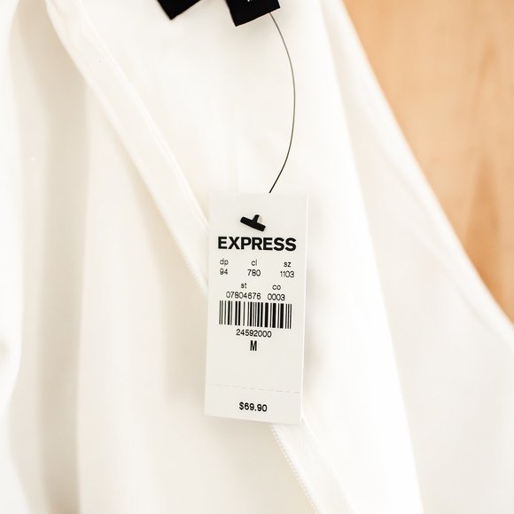 NWT Express Puff Sleeve Sheath Dress with Tie Waist in Winter White Size Medium - Picture 8 of 13